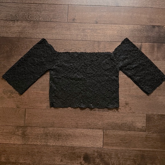 Y2K Crop Top Off Shoulder Sleeves Stretch Black Lace S - Picture 1 of 6